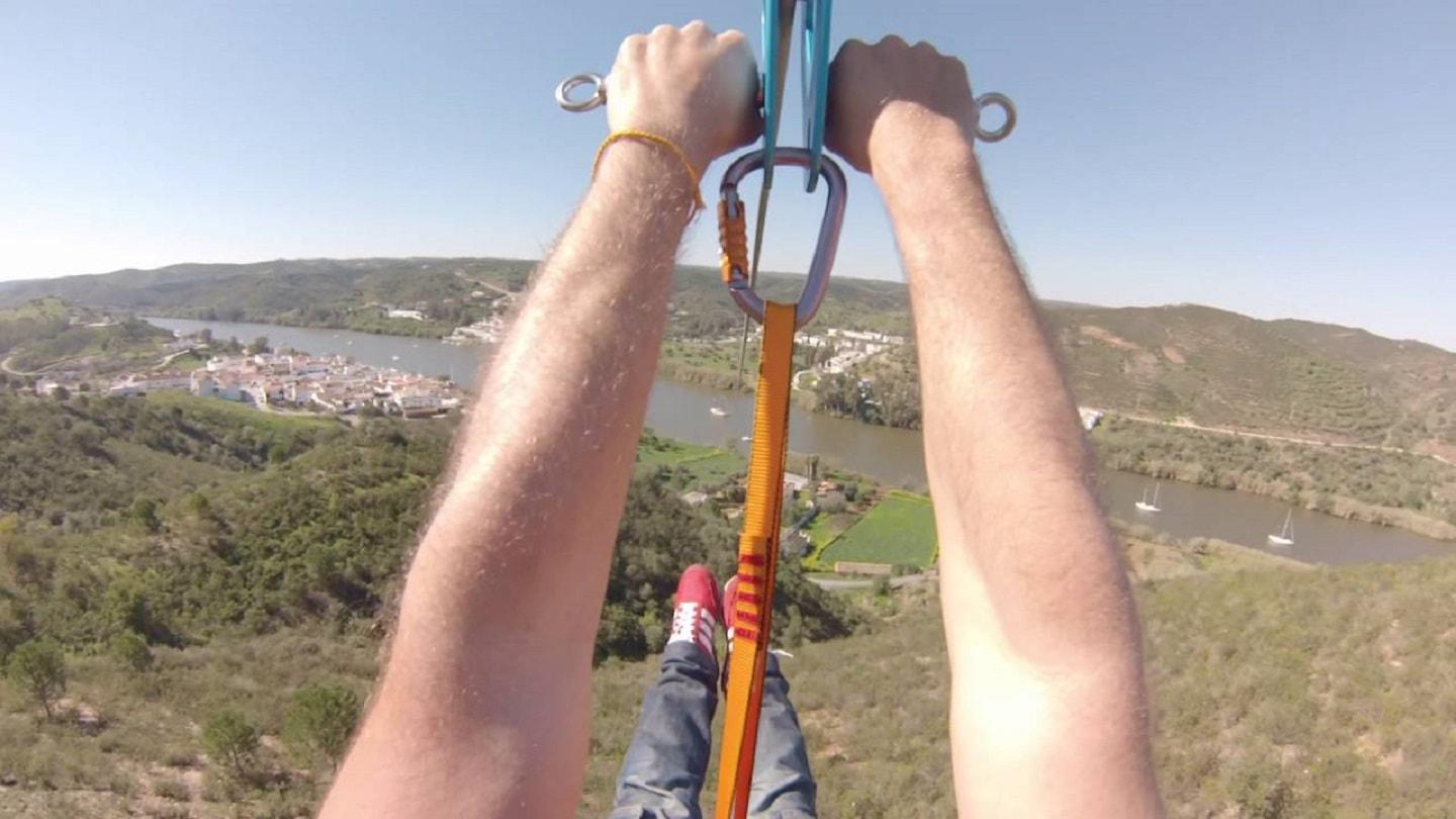 Spain and Portugal are linked by a zipline Spain and Portugal are linked by a zipline