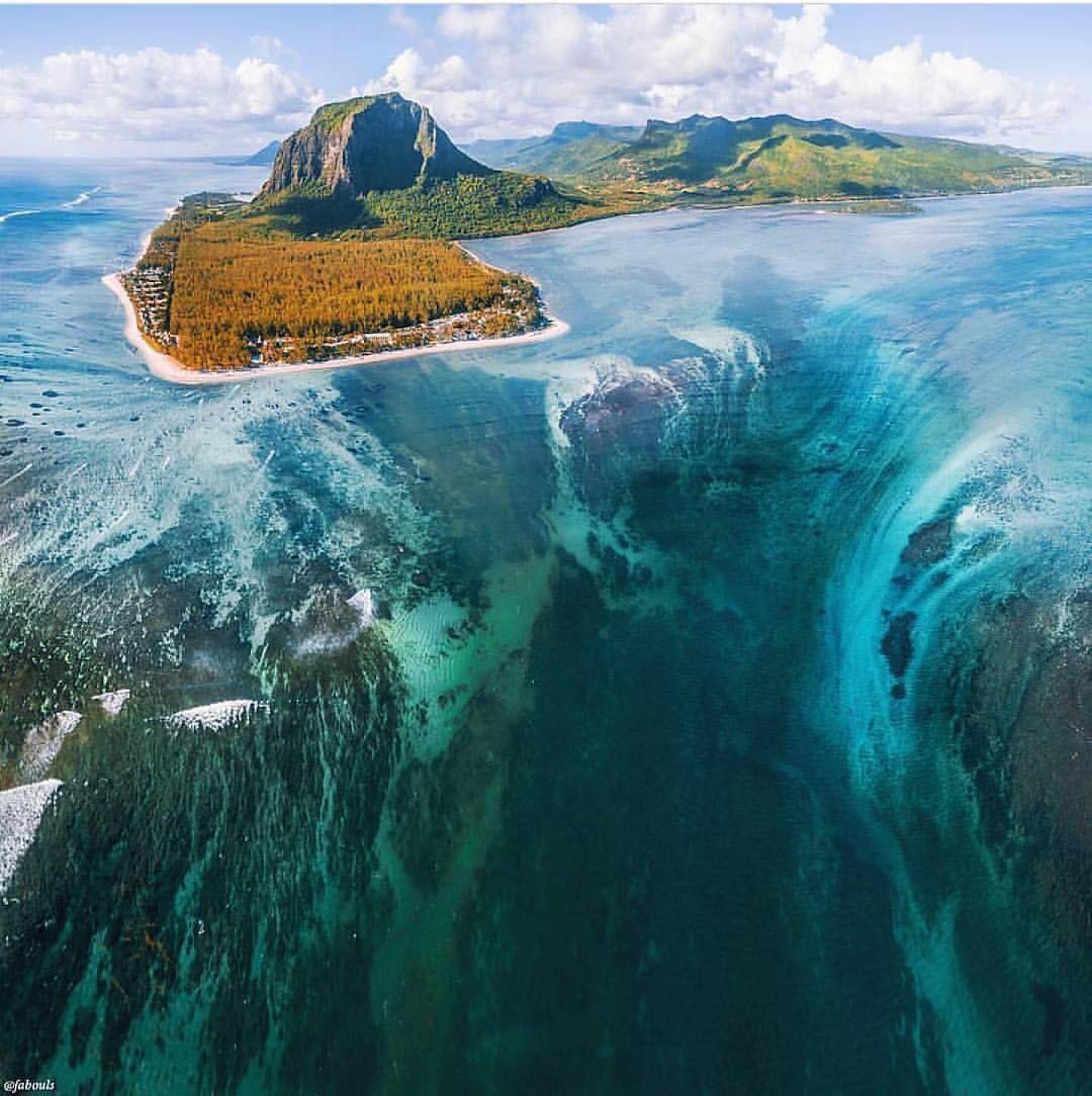 Aerial Picture underwater waterfall shore Mauritius Island Republic Mascarene